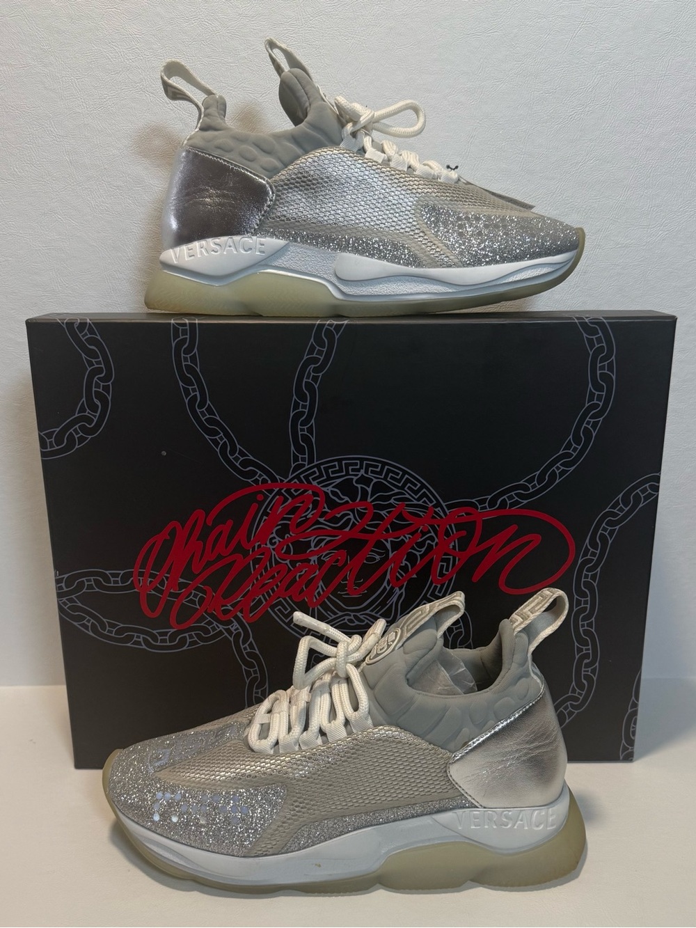 Versace Chain Reaction Silver Sparkle Metallic Low-Top Sneakers